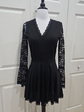 Dolls Kill Veras Eye Candy Witchy Goth Black Lace Bell Sleeve Skater Mini Dress